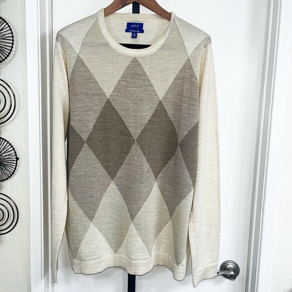 APT.9 Mens Merino Wool Blend Sweater - Brown Cream Tan Argyle, Size XL Tall - Picture 1 of 5